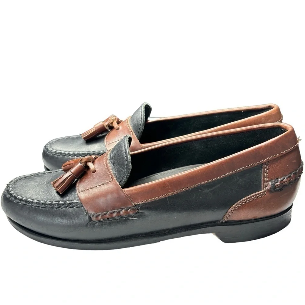 Johnston & Murphy Tassel Loafers Shoe Size 8.5 Black Brown Leather Moc Toe EUC